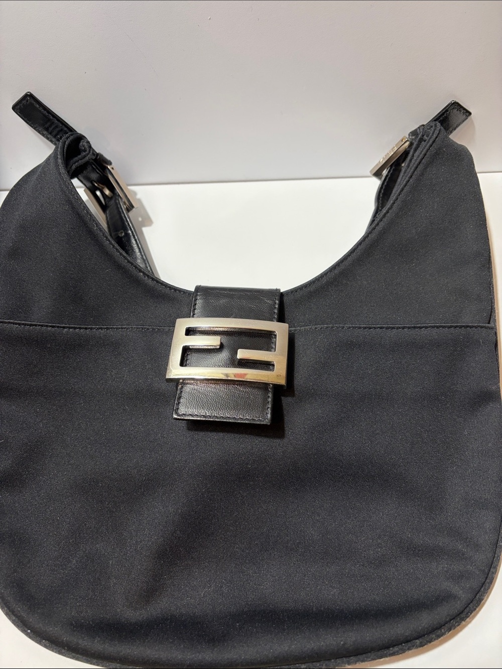 Fendi 90s Black Neoprene Shoulder Bag with Silver FF Logo Hardware